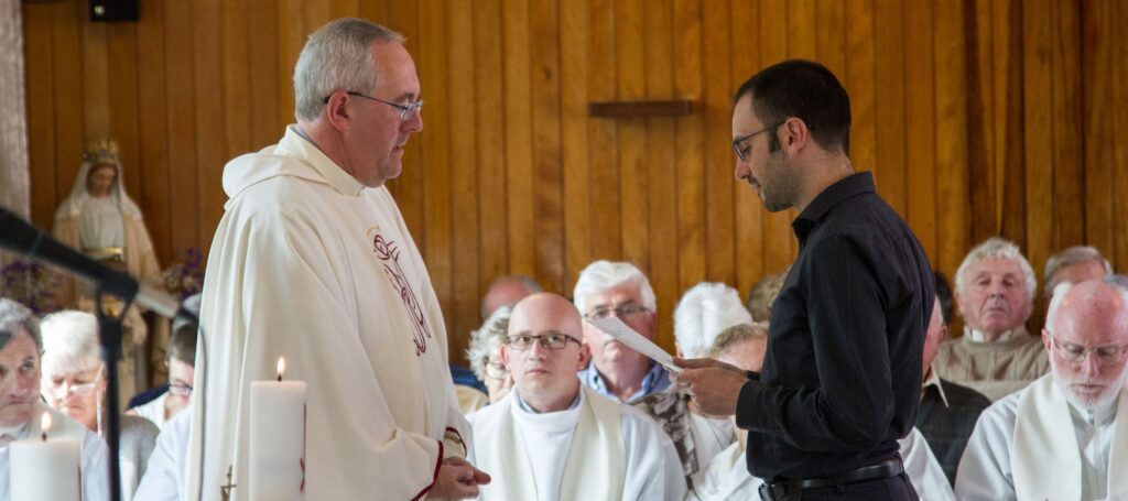 Bro Giacomo Gelardi MSC taking his First Profession vows with Fr Joe McGee MSC, at a ceremony in Myross Wood, Co. Cork, in August 2017. (Photo credit: Alan Dodd.)