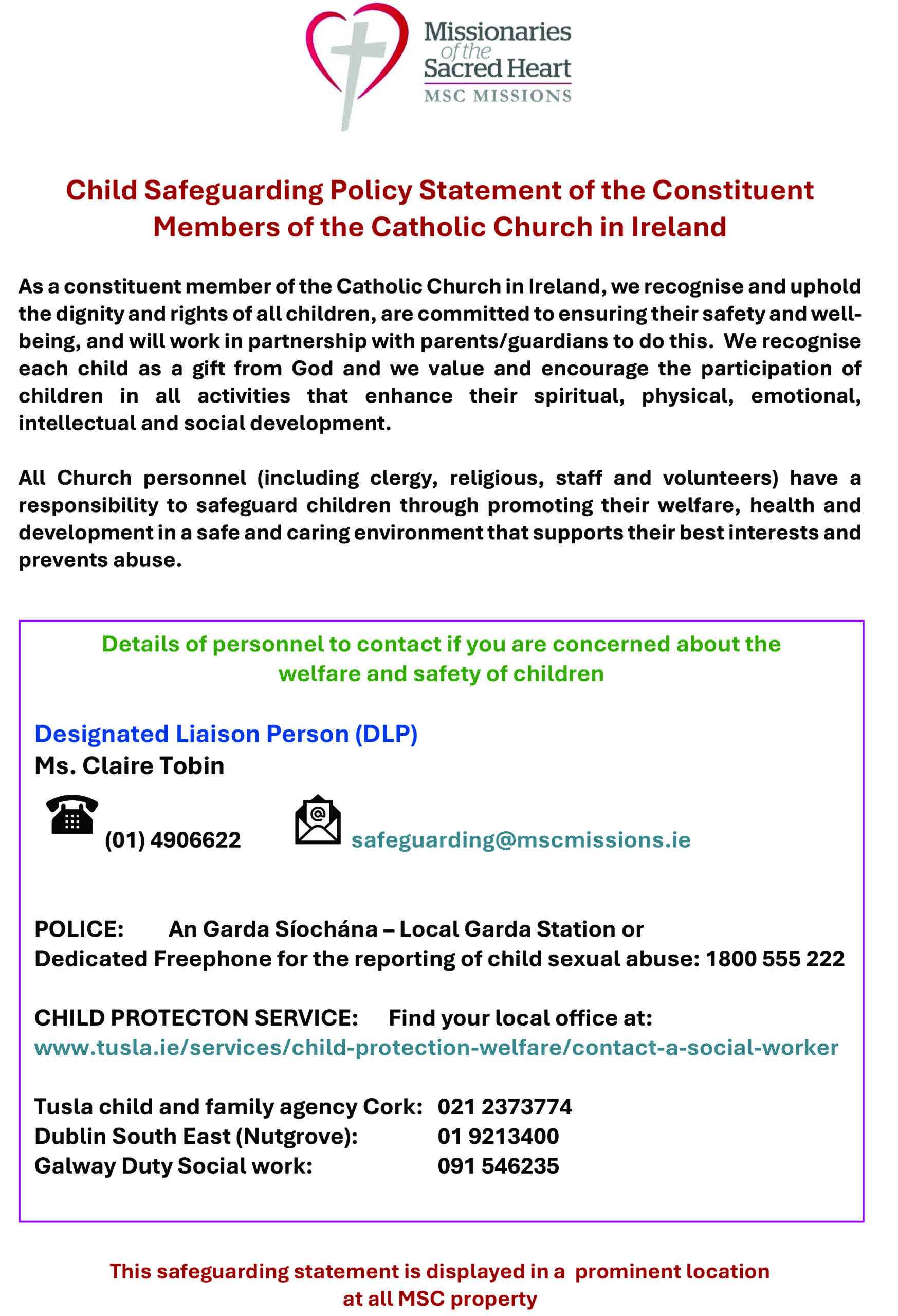 Child Safeguarding Policy Statement of the Missionaries of the Sacred Heart