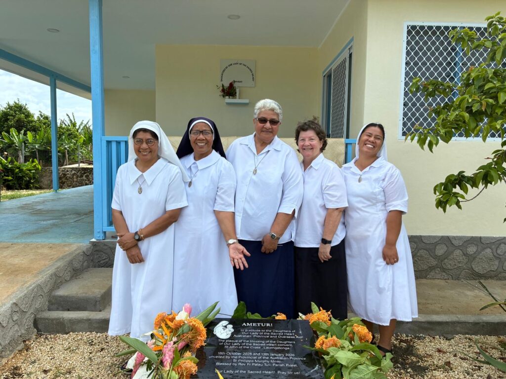 The Daughters of Our Lady of the Sacred Heart celebrate the beginning of the Kiribati Province Mission in Tonga, in the Pacific Islands, on January 12th, 2026. (Image via @olshaustralia on Facebook.)