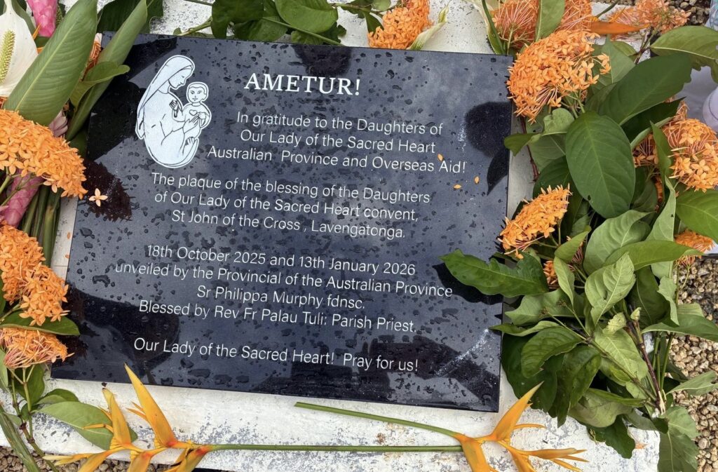 The Daughters of Our Lady of the Sacred Heart celebrate the beginning of the Kiribati Province Mission in Tonga, in the Pacific Islands, on January 12th, 2026. (Image via @olshaustralia on Facebook.)